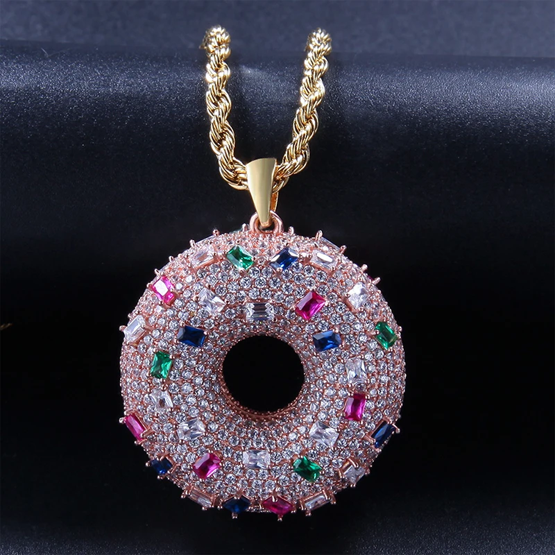 

Bling Doughnut Necklaces Pendants For Women Men Round Donut AAA Iced Out CZ Stone Necklaces Sweet Buns Charm Jewelry Gift