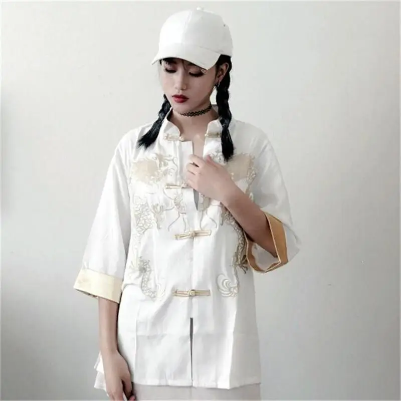 Chinese Style Embroidery Shirt Loose Stand Collar Casual Blusa Women Black Retro Tops |