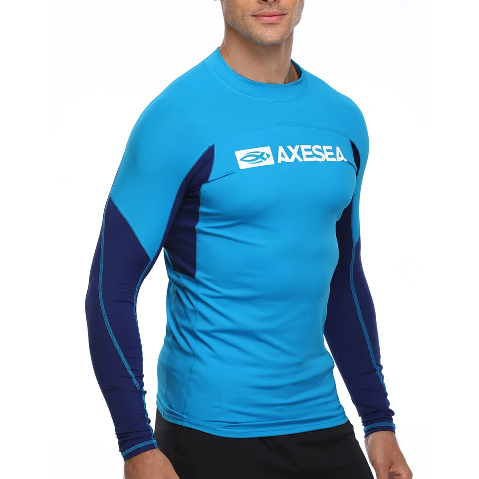 AXESEA Men Rash Guard Patchwork Swimwear Long Sleeve Rashguard Sun Protection Swimsuit Surfing Shirt Top UPF50+ Sport Beachwear