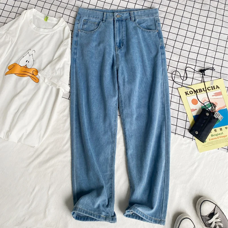 2021 Streetwear Blue Jeans Men Loose Jeans Korean Fashions Male Straight Denim Men