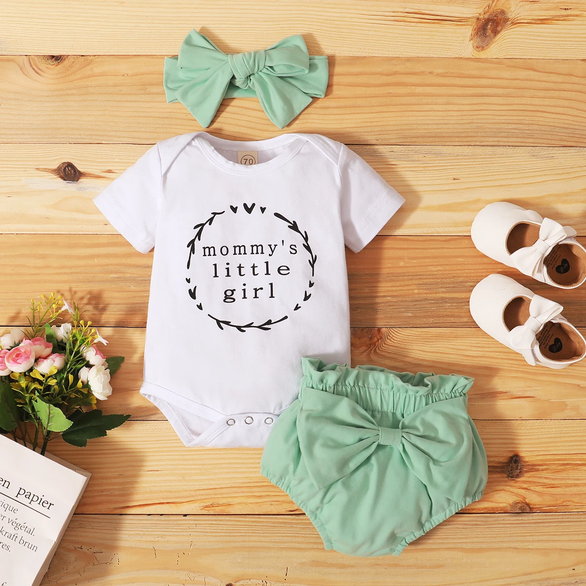 

Newborn Baby Girls Fashion 3-piece Outfit Set Letter Print Romper+Shorts+Headband Set Summer