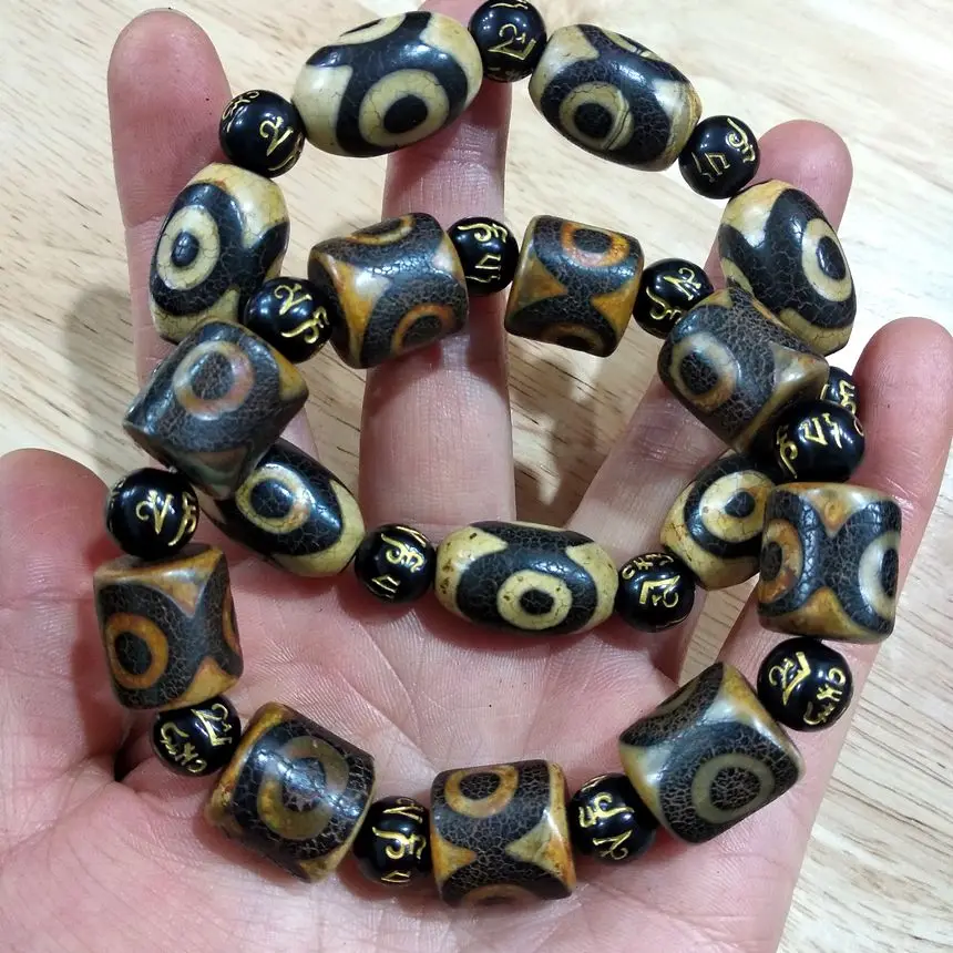 

2 Piece Vintage Tibetan Dzi Bead Bangle Nature Vein 3 Eyes Bracelet Rosary Amulet Bless Churinga