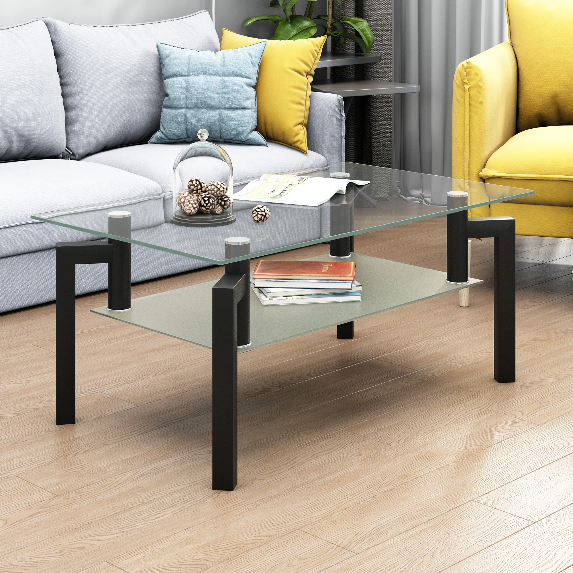 

Rectangle Glass Coffee Table Clear Tea Table Modern Side Center Tables Black Legs 100x60x44CM Living Room Furniture[US-W]