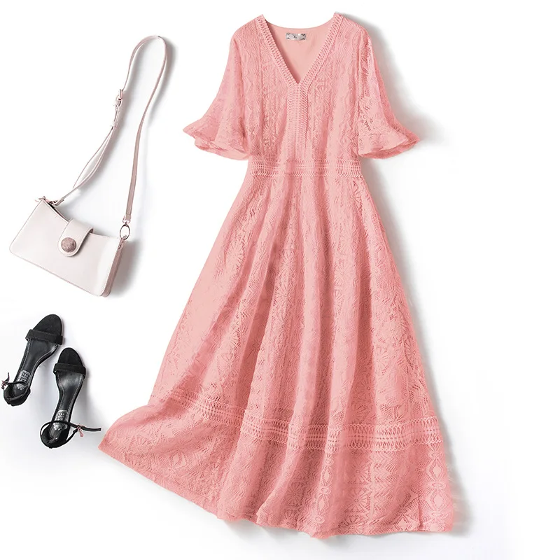 

2021 Summer New Style High Quality Plus Size Fashion V Neck Lace Dress Female