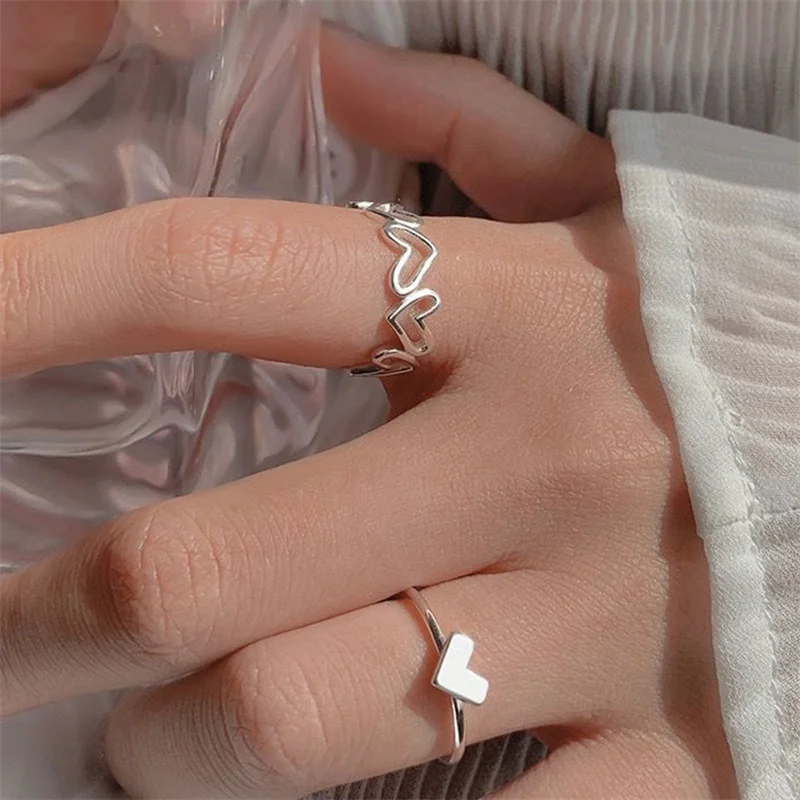 

Silver Color Hollowed Heart Shape Open Ring Set Design Cute Fashion Love Jewelry For Women Girl Gifts Adjustable Birthday Party