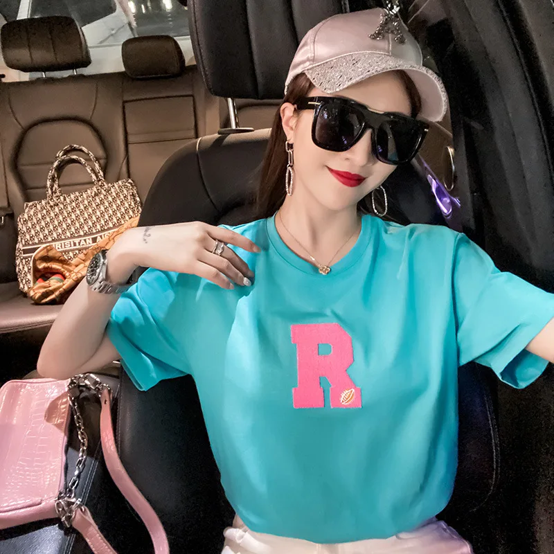 

New Summer Letter Embroidery Women T-shirt Fluorescent O Neck Short Sleeve Loose Ladies Tops For Girls Blouse Korean Fashion Tee