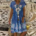 Летнее женское платье, летнее винтажное свободное платье до колен с V-образным вырезом и коротким рукавом, женская одежда, Пляжное Повседневное платье