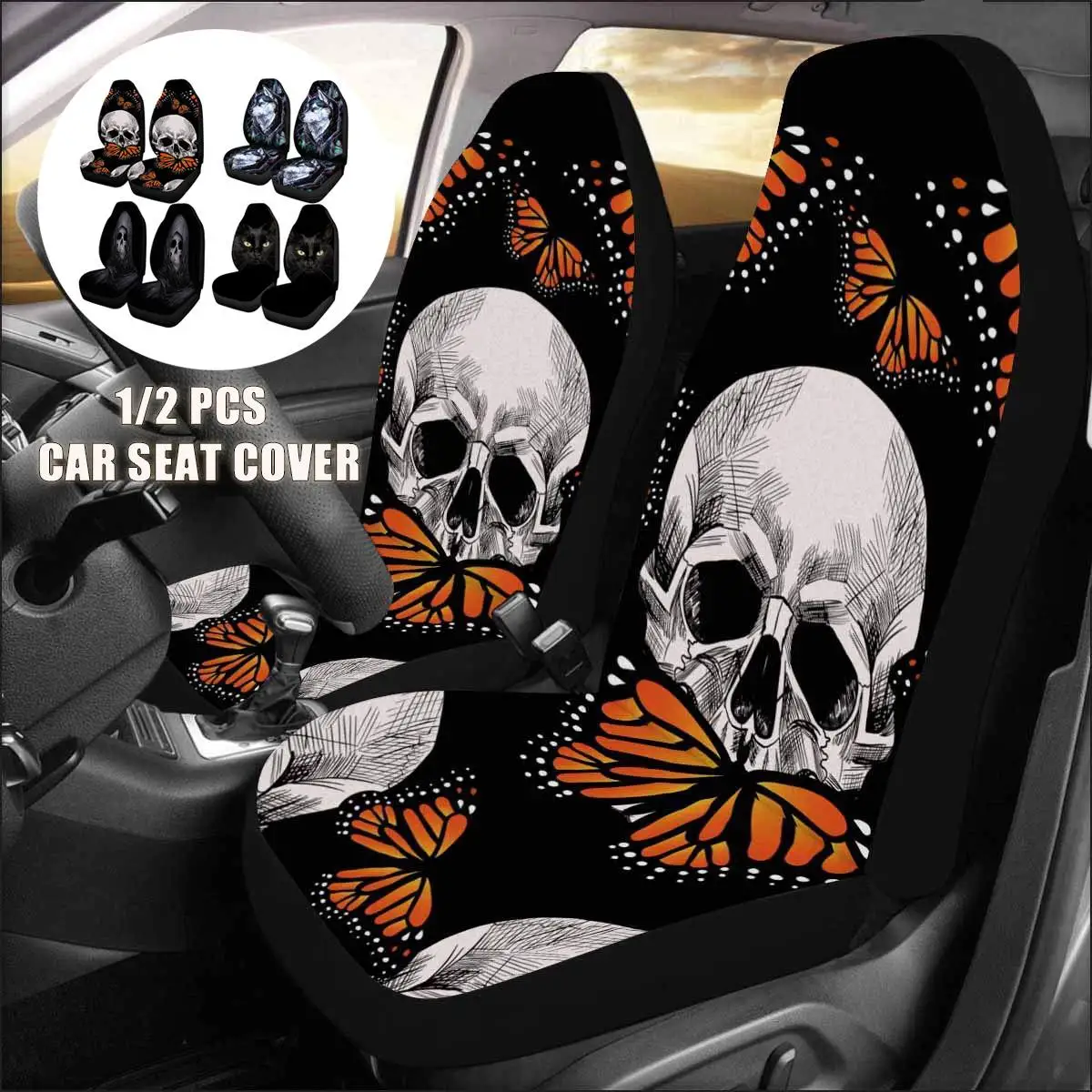 

Передняя Автомобильная Чехол-протектор на автомобильное сиденье с принтом черепа, для большинства автомобилей, внедорожников, грузовиков, ...