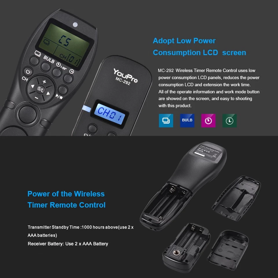 

YouPro MC-292 DC0/DC2/N3/S2/E3 2.4G Wireless Remote Control LCD Timer Shutter Release Channels for Canon/Sony/Nikon/Fujifilm etc