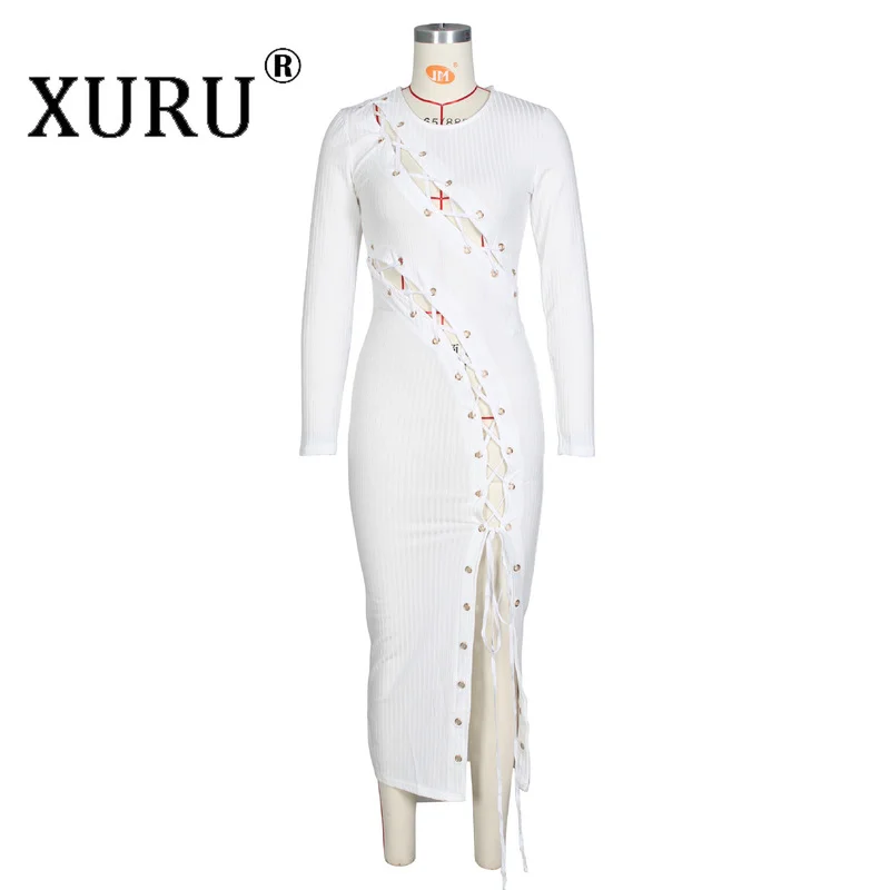

XURU Autumn and Winter Women's Long Dress Sexy Slim Lace-up Hollow High Stretch Hole Striped Dress