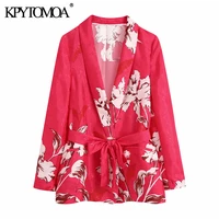 kpytomoa women 2021 fashion with belt floral print blazer coat vintage long sleeve welt pockets female outerwear chic veste