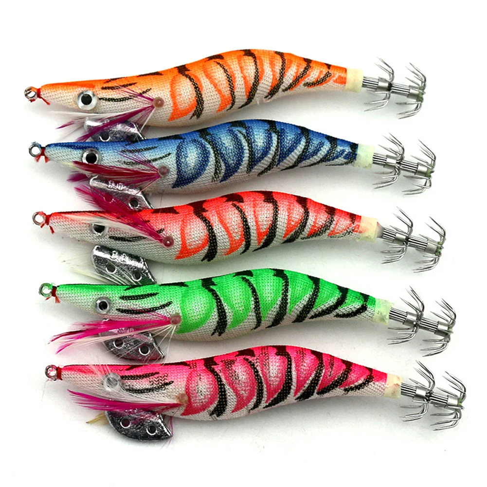 

5pcs 13g/11cm Luminous Squid Jig Fishing Wood Shrimp Lure Squid Cuttlefish Lures Spinner Bait For Sea Fishing with 3.0# Hook