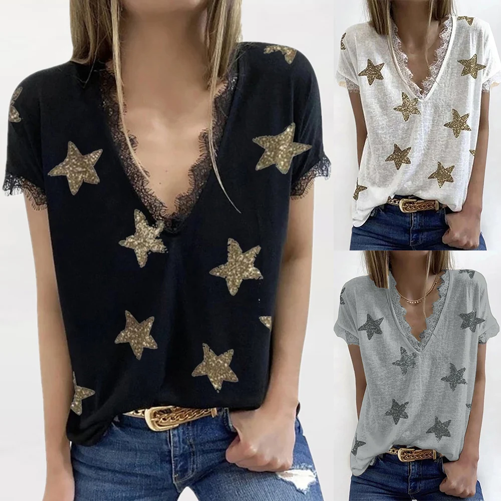 

2021 New V-neck T-Shirt Women Fashion Star Printed Short Sleeve Sexy Lace Patchowrk Casual Basic Tees Female Summer Tops