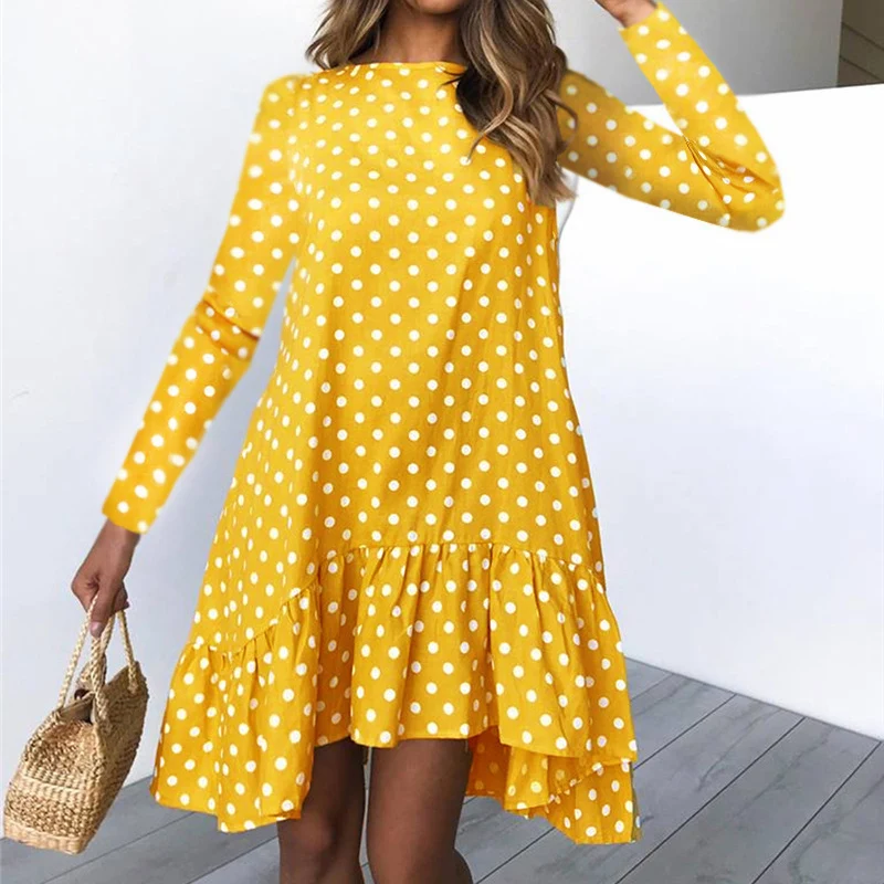 Модные платья с оборками для женщин, с принтом в горошек, с длинными рукавами, мини-платье коричневого цвета винтажной осени большого размера, желтая уличная одежда.