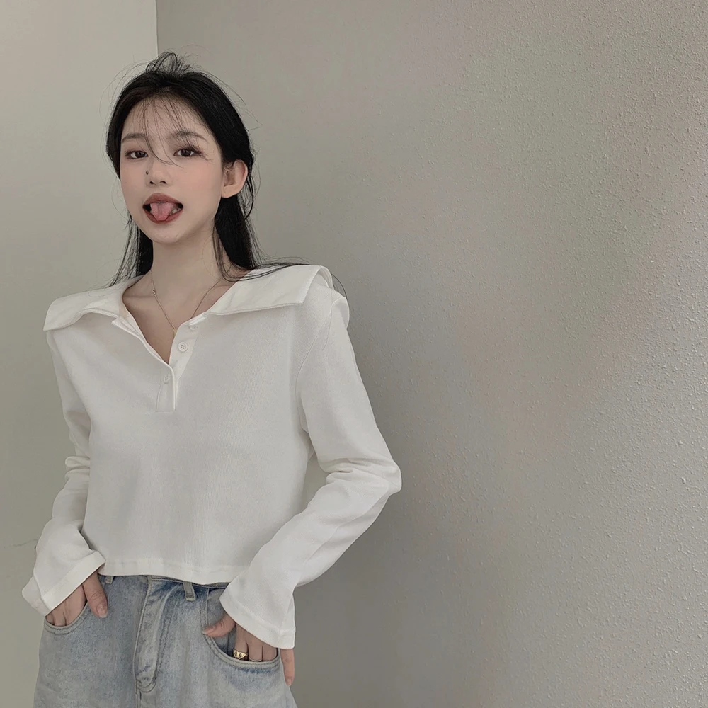 

Fashion Turn-down Collar Long Sleeve T-shirts Spring Autumn New Women's Clothing Solid Causal Ladies Tops Loose Korean Tees 2021