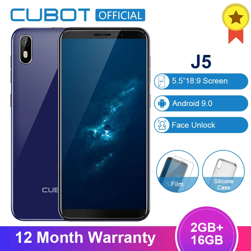 Cubot J5 смартфон с 5 дюймовым дисплеем четырёхъядерным процессором MT6580 ОЗУ 2 Гб ПЗУ 16