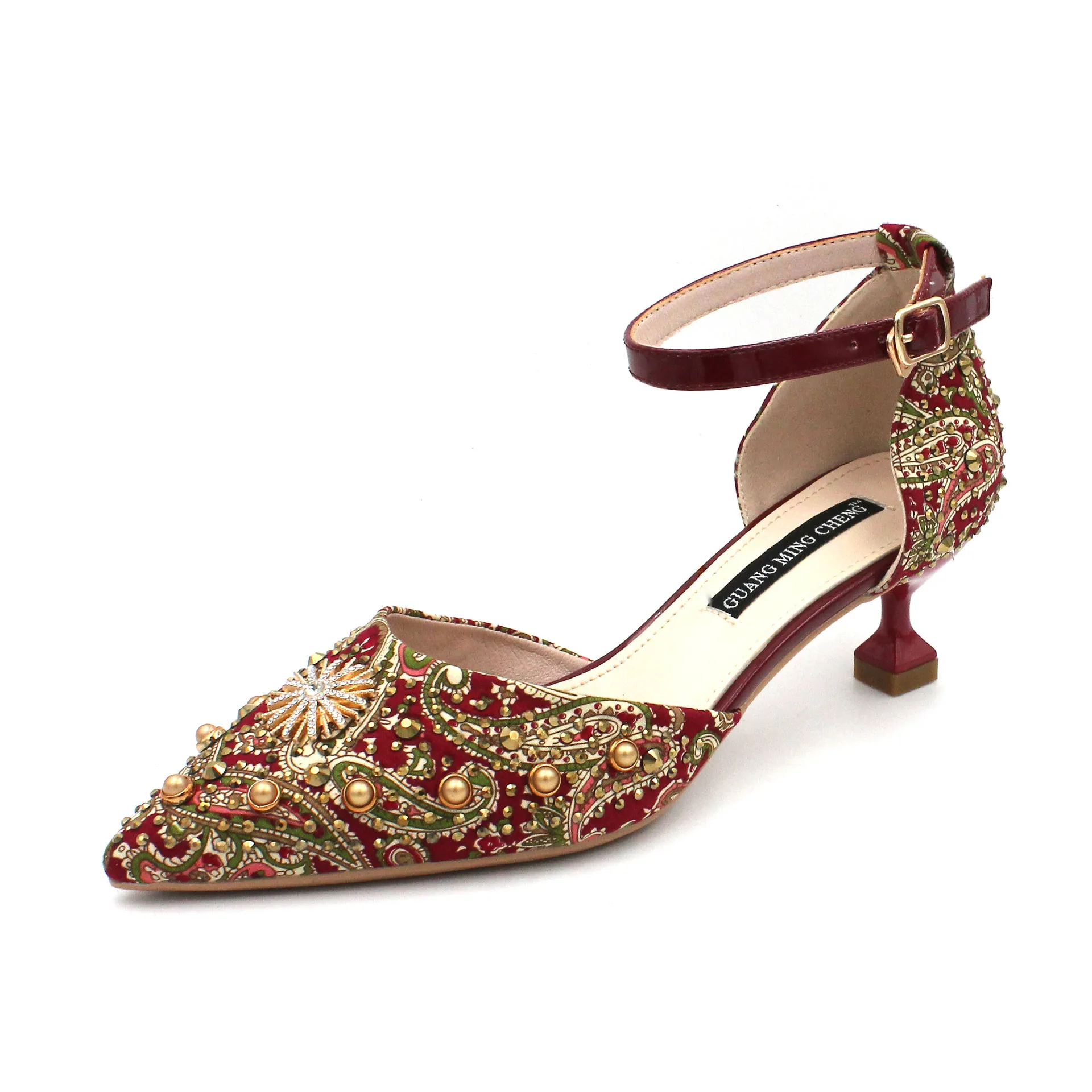 

Diamond flower women's shoes side air thin 5CM/7CM heel high heel shallow point single shoe metal rivet floral buckle strap