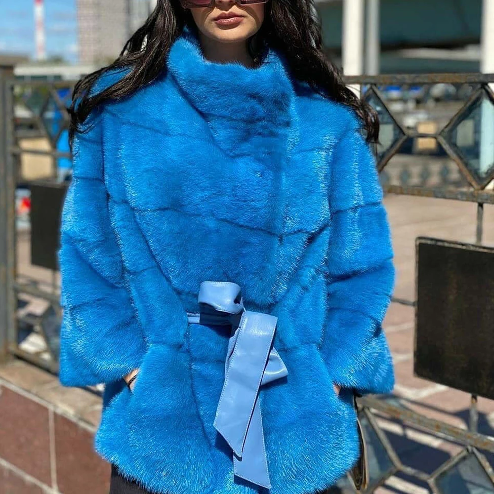 

Medium Length Real Mink Fur Coat Stand Collar 2021 New Trendy Woman Genuine Mink Fur Jacket Full Pelt Fur Overcoat Luxury Women