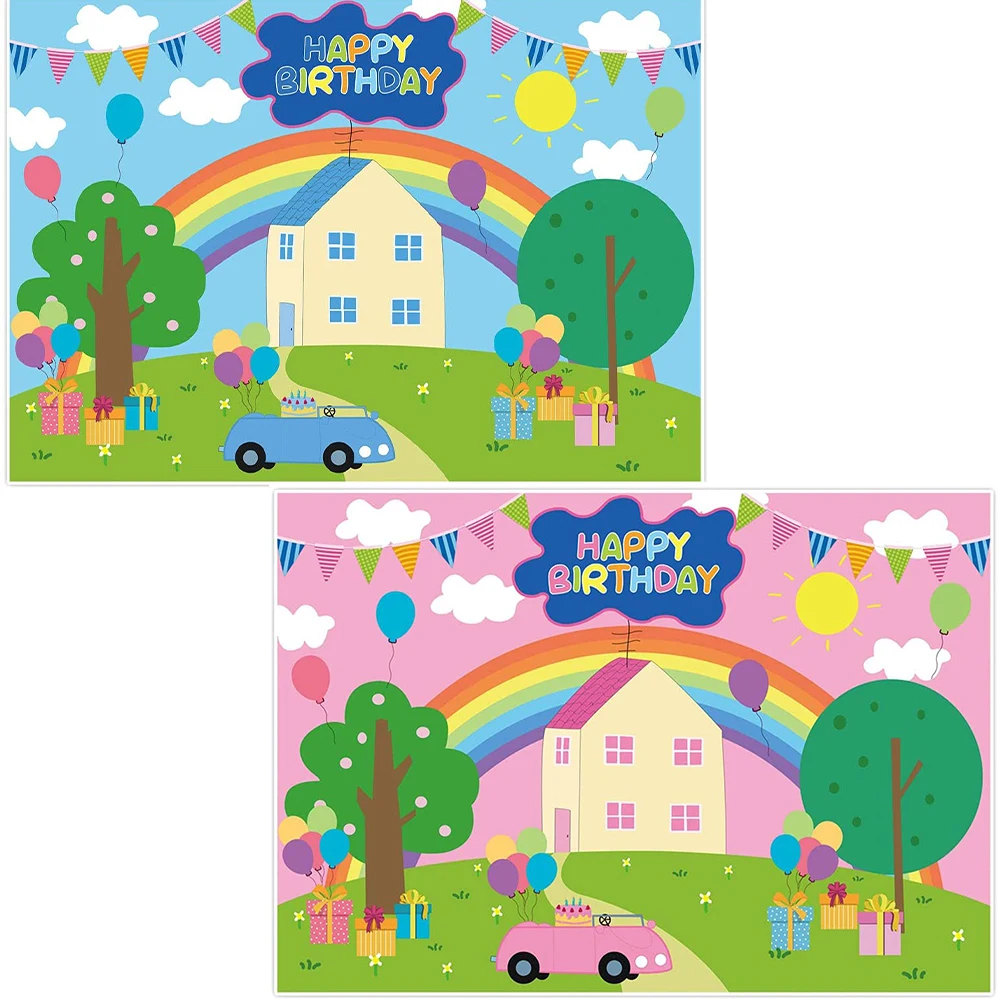 

Happy birthday party banner boy girl theme cartoon house tree baby shower prince Bday photo booth props