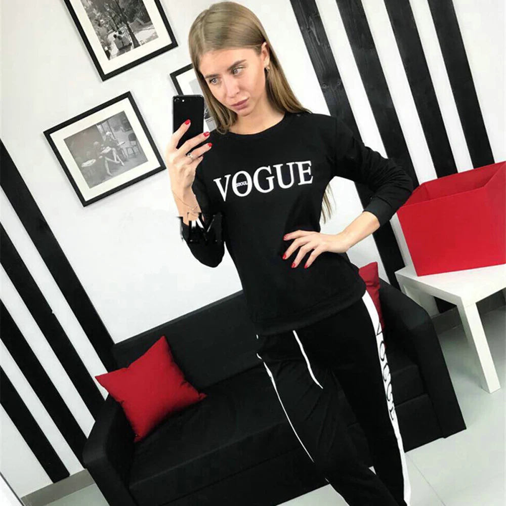 2 piece outfits for women sweatsuits set VOGUE Letter Printed 0-Neck Sweatshirt + Patchwork Long Pant Piece Set | Женская одежда