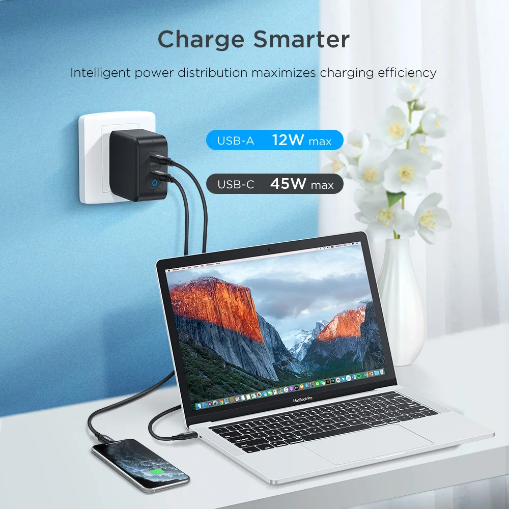 Зарядное устройство сетевое складное с двумя портами USB и поддержкой быстрой