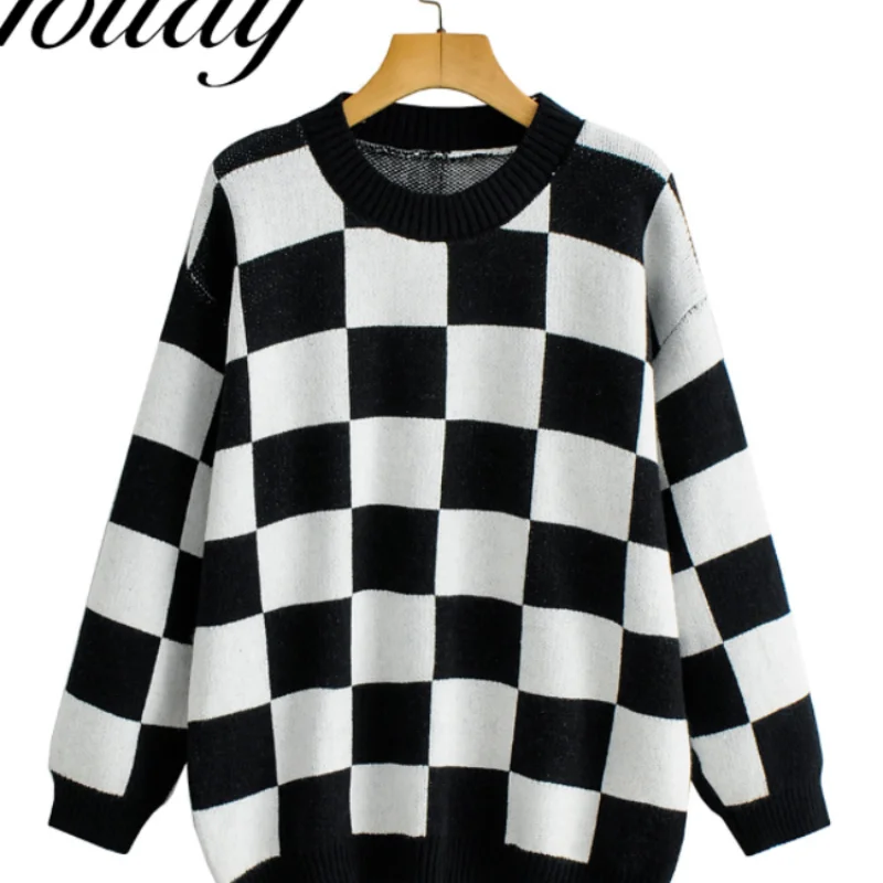 

Autumn New product European And American Style Women's Black And White Plaid Round Neck Pullover Sweater Checkerboard Sweater