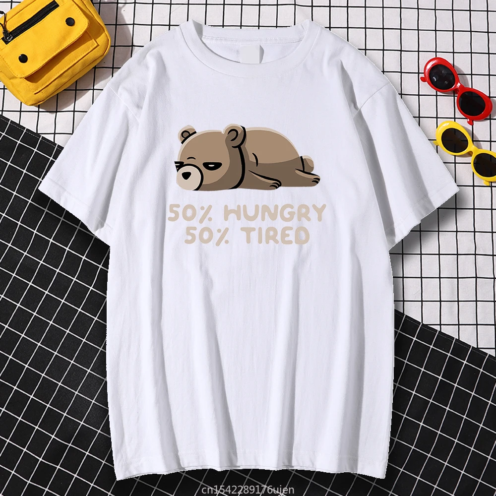 

Bear Print Tshirt 50% Hungry 50% Tired Hip Hop Sloth Fashion Breathable Tops Cartoons Cute Streetwear Summer Shirt