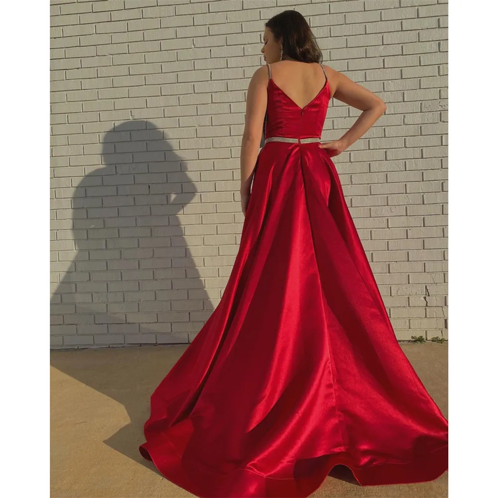HONGFUYU Simple Red Prom Dresses 2020 vestidos de fiesta noche A Line Satin Pockets Evening Gowns gala jurken with Crystals | Свадьбы и