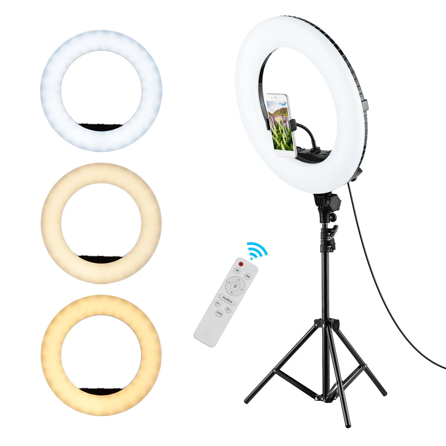 18 Inch LED Fill Ring Light Kit Dimmable 3200K-5500K Cold Shoe Mounts for Photography Live Stream Video Makeup with Phone Holder