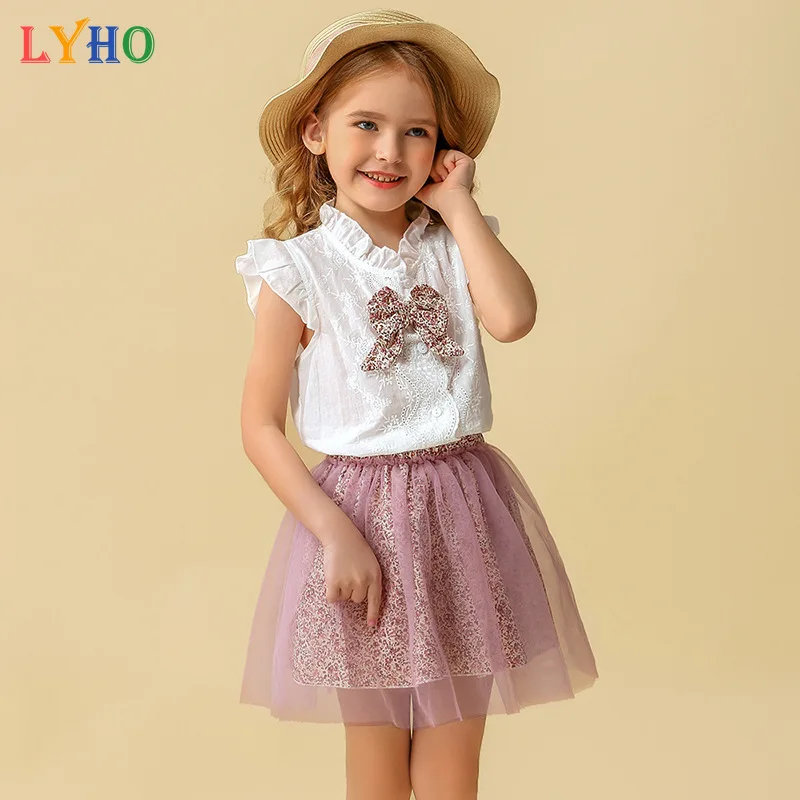 

Summer Toddler Girls Tops Blouse T-shirt + Short Skirt 2Pcs Suit Floral Bow Girl Clothes Sets Baby Clothing Outfit Kids Costume