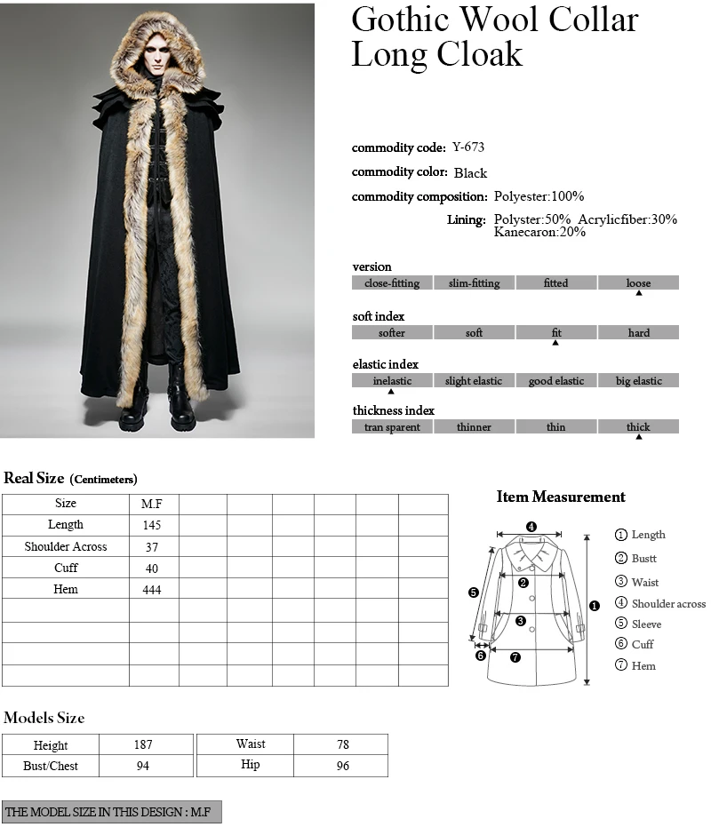 

PUNKRAVE Men's Gothic Wool Collar Long Cloak Palace Vintage Stage Halloween Christmas Winter Warm Cape