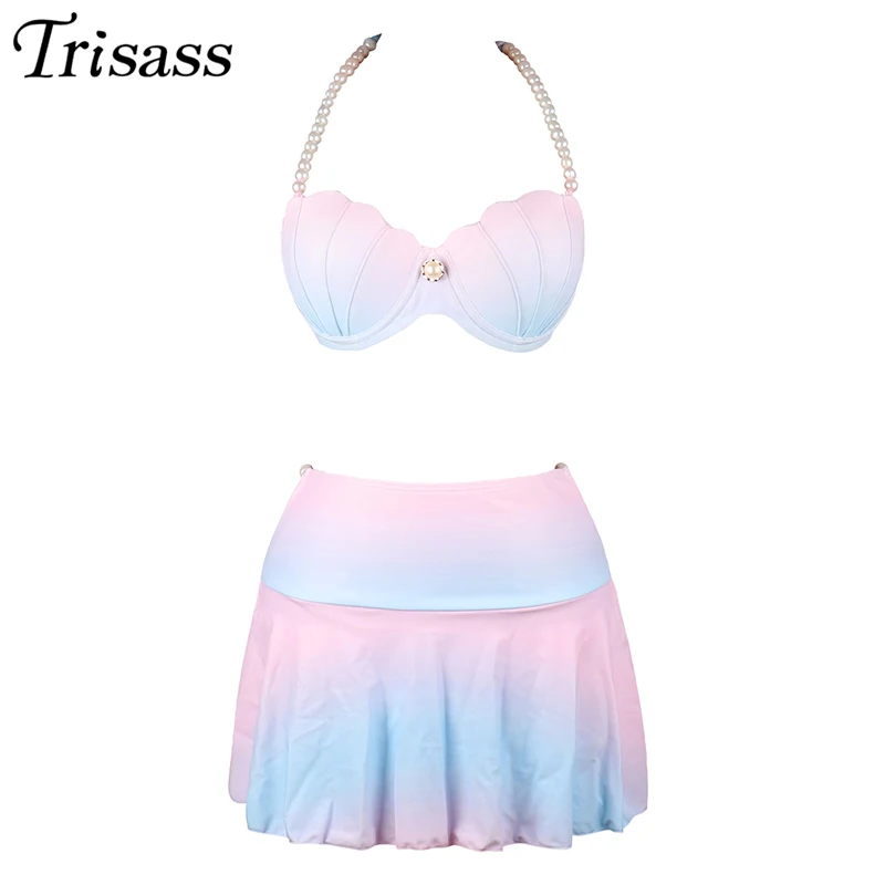 Trisass 2021 New Shell Bikini Set Women Long Skirt Three Piece Swimsuit Underwire Push Up Swimwear High Waist Plus Size Bikini