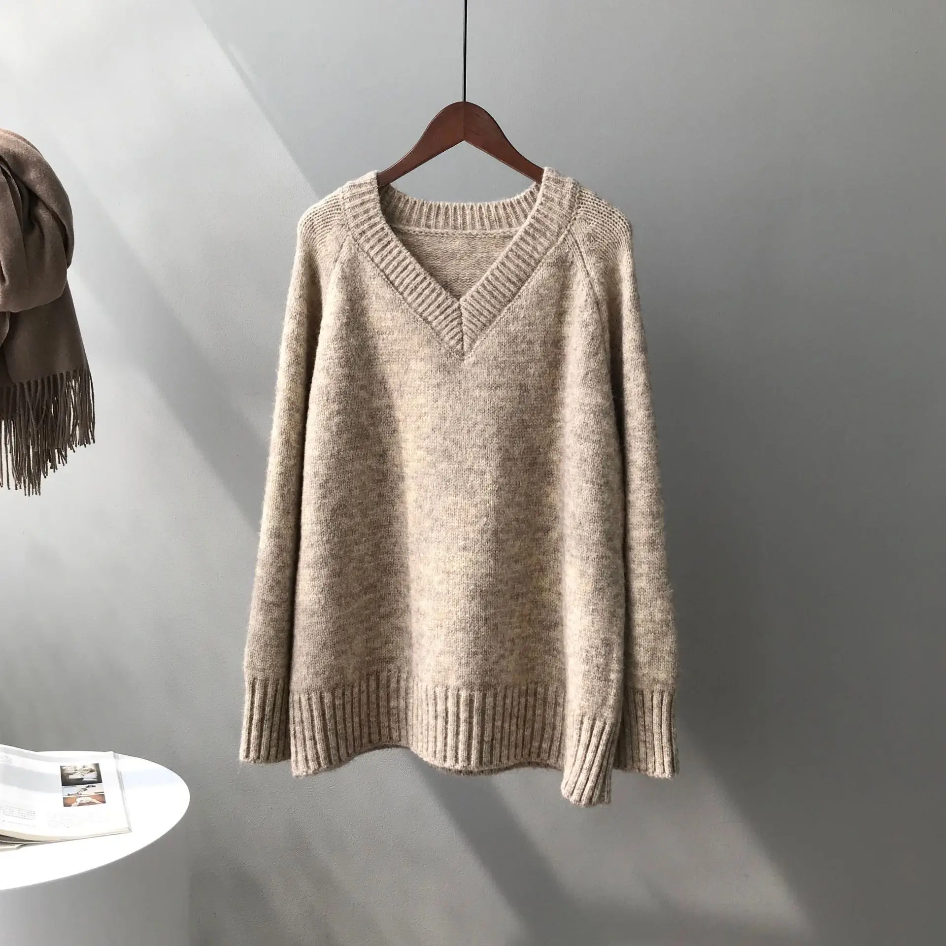 

Fannic 2020 Autumn/ Winter Pullover V-neck Casual Thick Loose Solid Color Knitted Sweater for Women