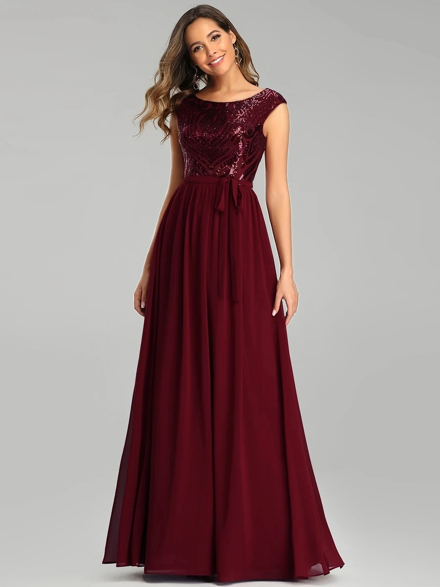 

A-Line Sequin Chiffion Bridesmaid Dress with Belt for Women