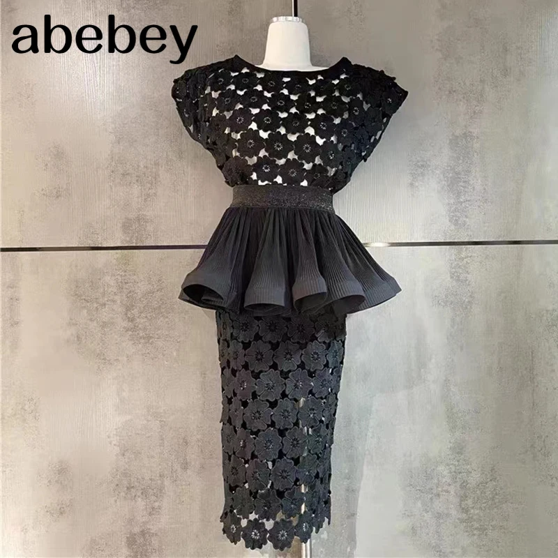 

Hollow Out Patchwork Floral Set For Women O Neck Short Sleeve Tops High Waist A Line Skirt OL Style Sets Female New