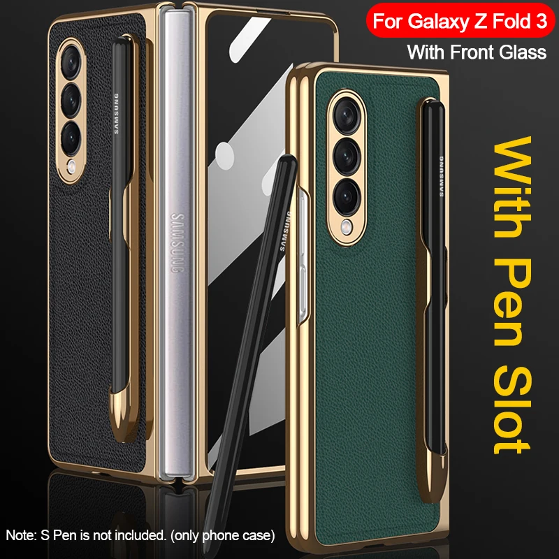 

with Front Glass Film S Pen Slot Case for Samsung Galaxy Z Fold 3 5G Case Leather Ultra Thin with Pen Holder Back Cover Capa