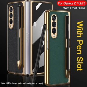 with Front Glass Film S Pen Slot Case for Samsung Galaxy Z Fold 3 5G Case Leather Ultra Thin with Pen Holder Back Cover Capa