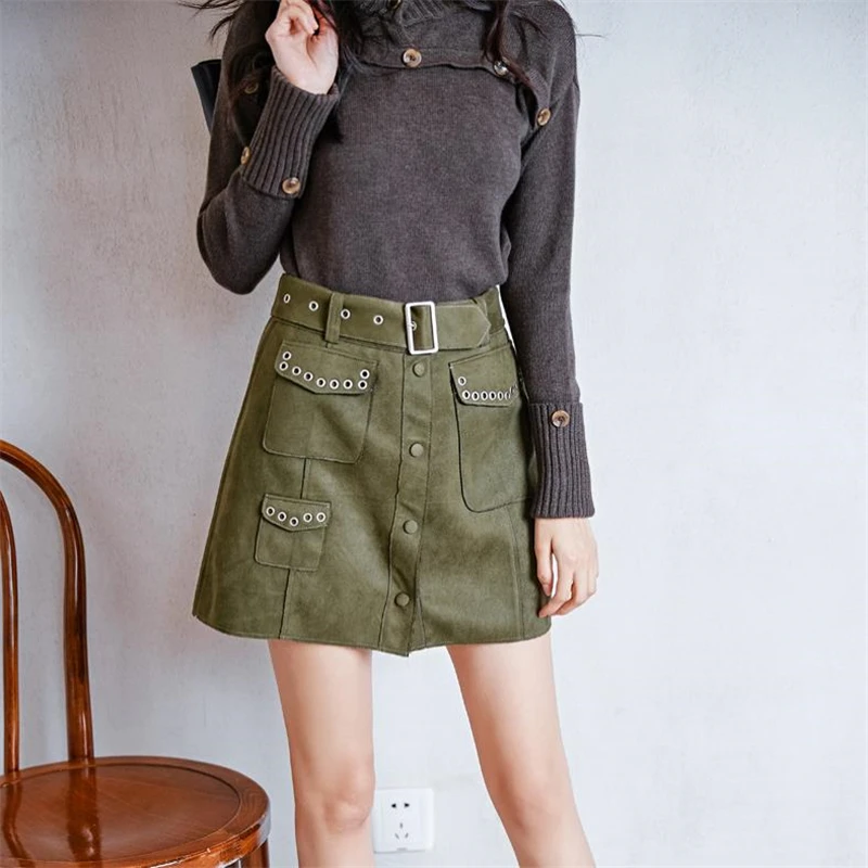 

Autumn Winter New Female Fashion Street Mini Skirt High Waist Rivet Suede Single Breasted Belted A-line Skirt Y814