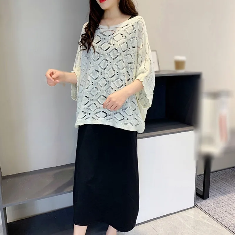 

Summer Korean Style Loose Checkered Pattern Hollow Knitted Thin Smock Dress Two-Piece Suit