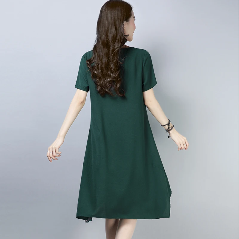 

Summer Folk Custom Women Dresses Loose Patchwork Floral Print Short Sleeve Cotton Linen Midi Dress Oversized Women Clothing