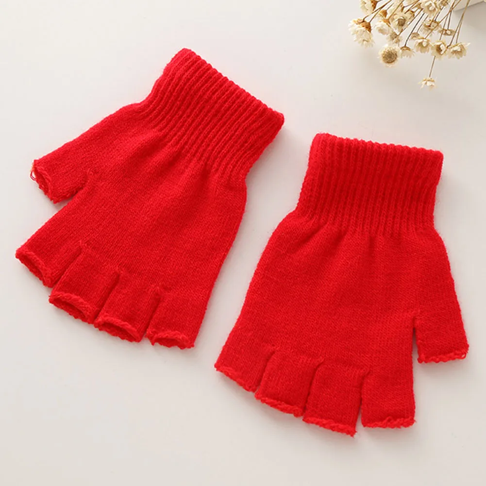 

Теплые спортивные перчатки унисекс без пальцев для мужчин и женщин, теплые однотонные зимние вязаные эластичные тянущиеся перчатки