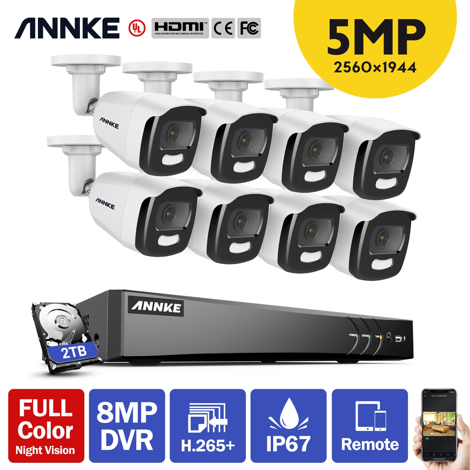 ANNKE 4K Ultra HD 8CH H.265 + DVR система безопасности полноцветная камера ночного видения IP67
