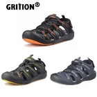 Мужские дышащие кожаные тапки GRITION, пляжная обувь на плоской подошве, удобные спортивные сабо с закрытым носком, лето мужские уличные сандалии
