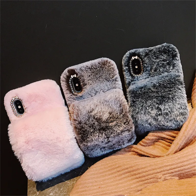 Пушистые Силиконовые чехлы с кроличьим мехом для телефонов iPhone X 8 7 6S Plus Samsung Galaxy S9