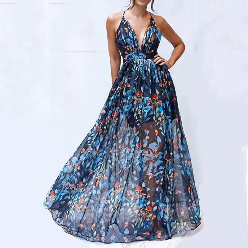 

AECU 2021 Floral Print Boho Maxi Dress Women Beach Dresses Sling Cross Sexy Strapless Sexy Lady Bohemian Summer Long Dress Robes