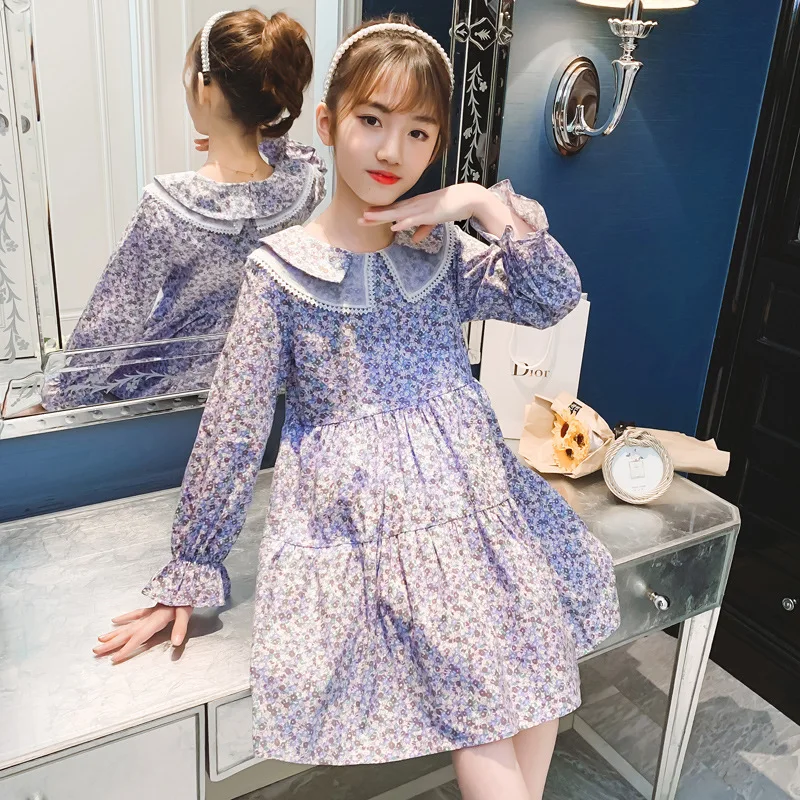 

Girls floral dress autumn 2021 new foreign style long-sleeved doll collar dress, big children's lace princess dress
