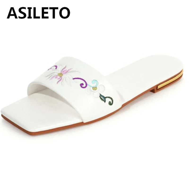 

Женские шлепанцы с цветочной вышивкой ASILETO, летние повседневные шлепанцы на плоской подошве, с открытым носком, размеры 34-39, A4164, 2021