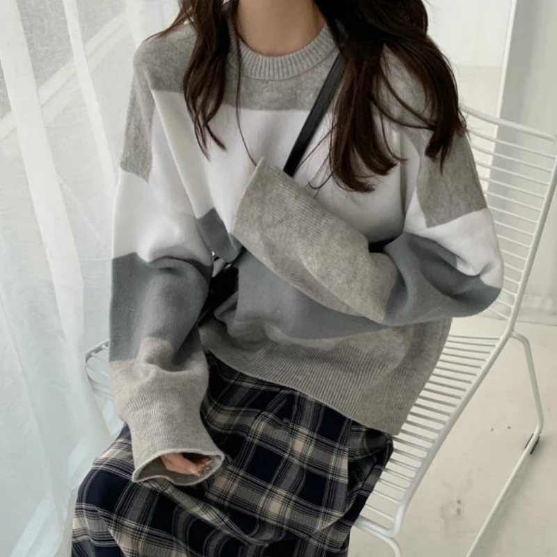 

Sweaters Pullovers Women Autumn Patchwork Knitted O-neck Loose Leisure Trendy Korean Style Sweet All-match Womens Jumper Chic