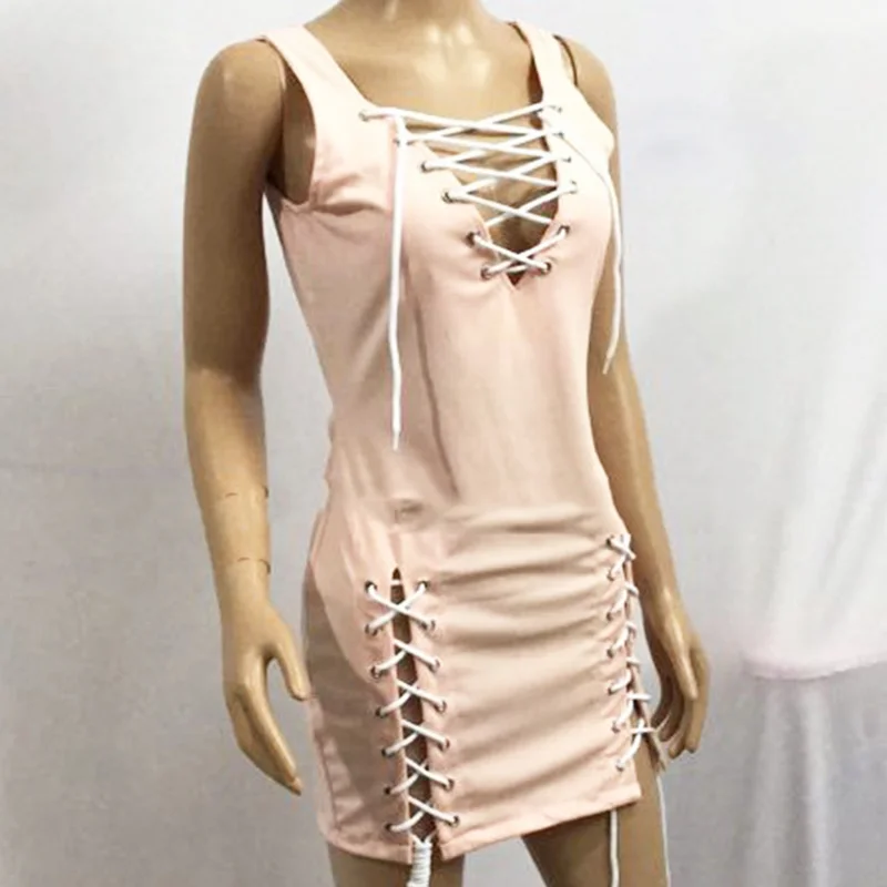 

Sexy Women Club Wear Double Slit Cross Dress Deep V Neck Gothic Dress Dark Clothes Sukienka Solid Sleeveless Bodycon Dress Mini