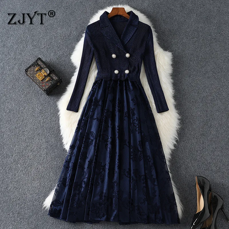 

2022 Spring Fashion Long Sleeve Mesh Patchwork Midi Dress Women Elegant Vintage Vestidos Elastic Aline Casual Party Robe Femme